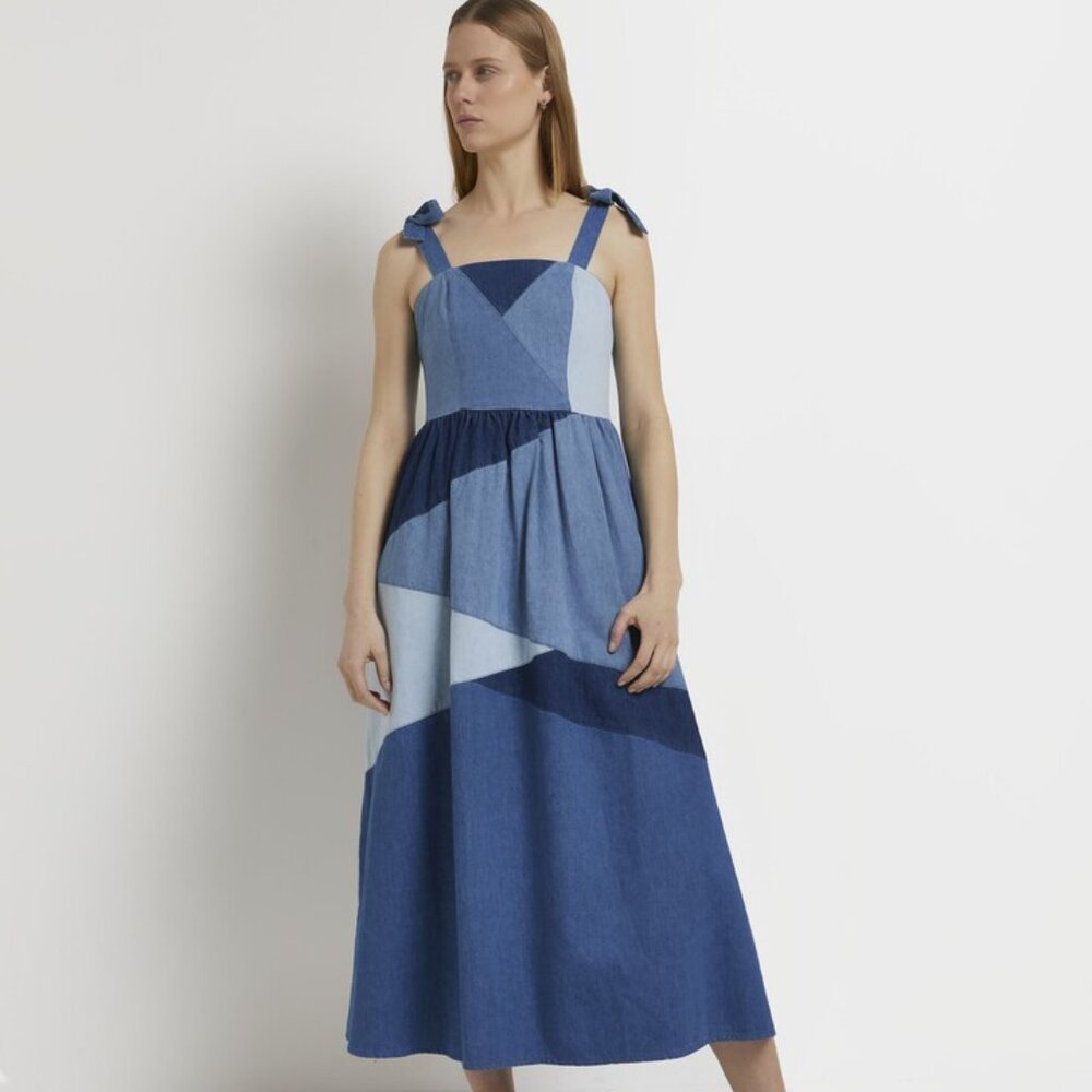 River Island Denim Smocked Dress Patchwork Sundress MIDI size 14